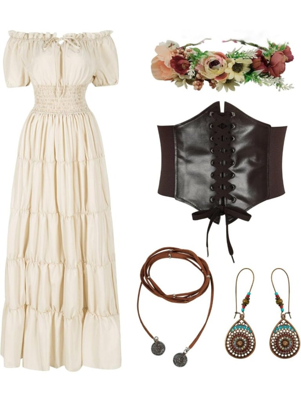 5Pcs Renaissance Medieval Costume Set for Women - Fairy Cottagecore Dress